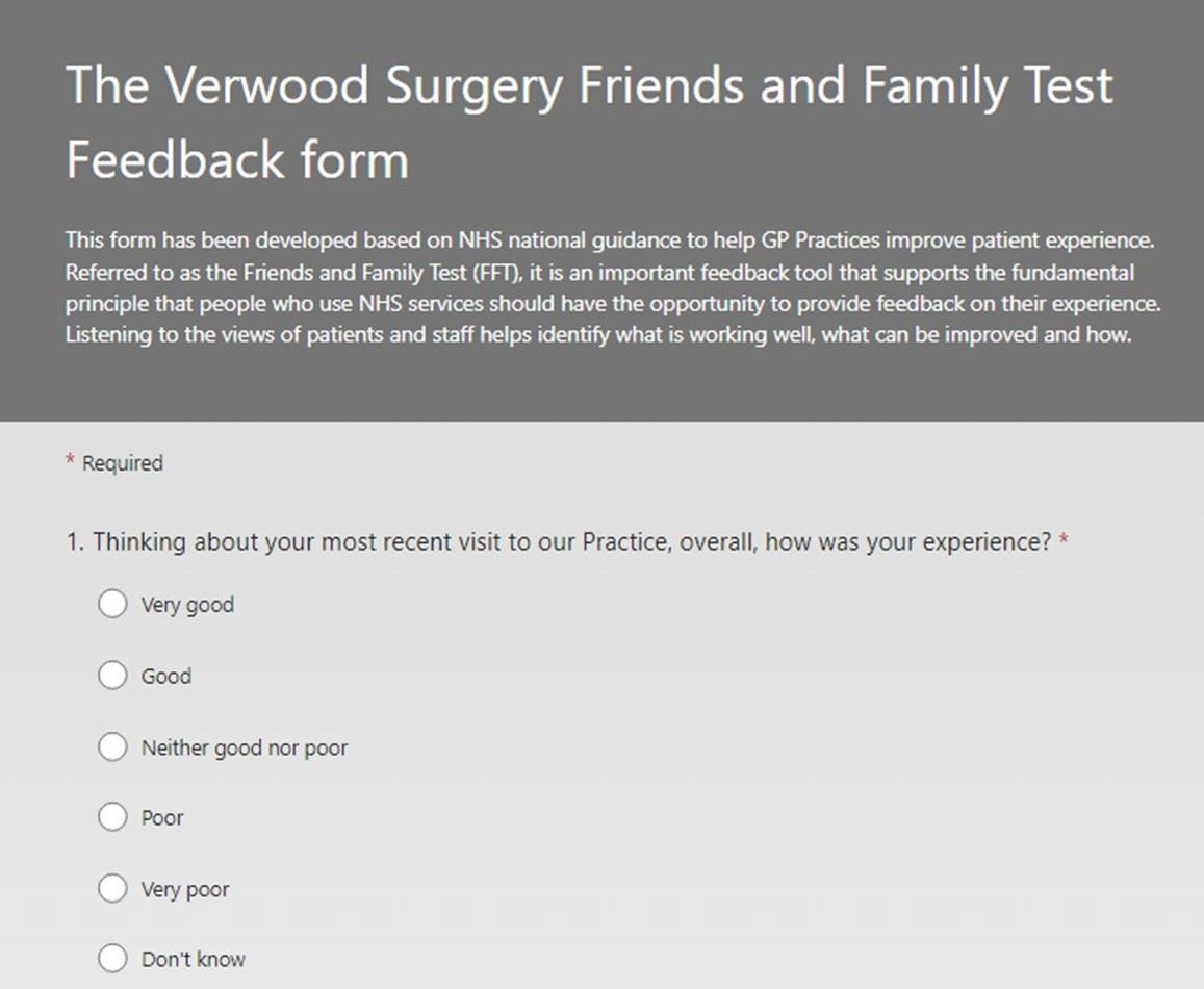 The Verwood Surgery Friends and Family Test Feedback form