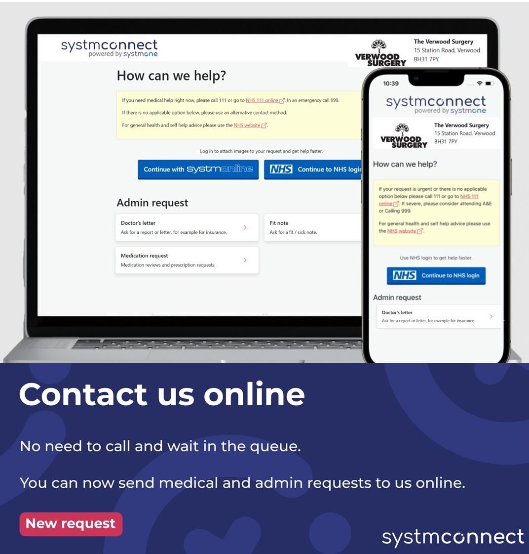 The SystmConnect screen on a laptop computer and smartphone.  the words Contact us online.  No need to call and wait in the queue.  You can now send medication and admin requests to us online.