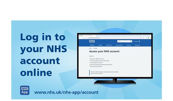 a desktop computer screen displaying the NHS Account log in page and the words Log in to your NHS account online, the NHS App icon and the website link