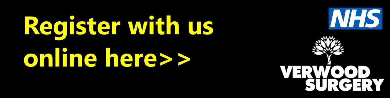 The Verwood Surgery and NHS logos and the words, Register with us online here