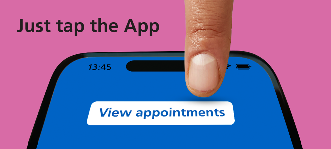 the NHS App View Appointments screen and the words, just tap the app