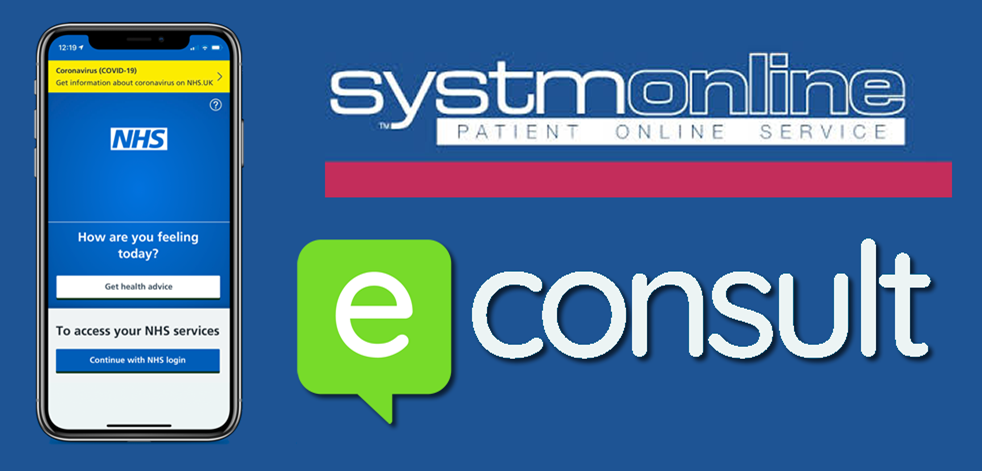 The NHS App and Systmonline and eConsult logos