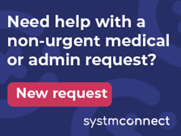 The SystmConnect logo and the words Need help with a non urgent medical or admin request? 