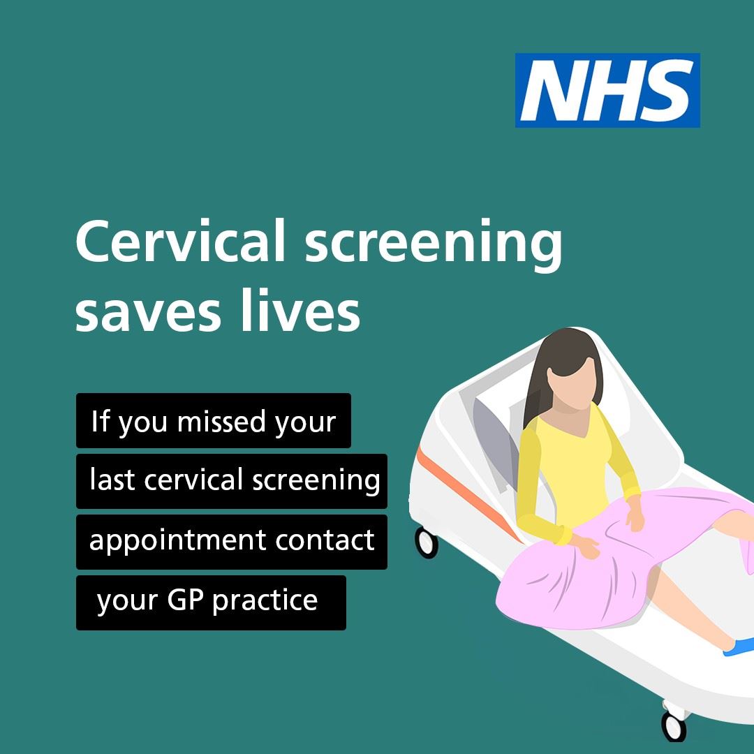 The NHS logo, a cartoon image of a woman on a clinic couch and the words Cervical screening saves lives.  If you missed your last cervical screening appointment contact your GP Practice. 